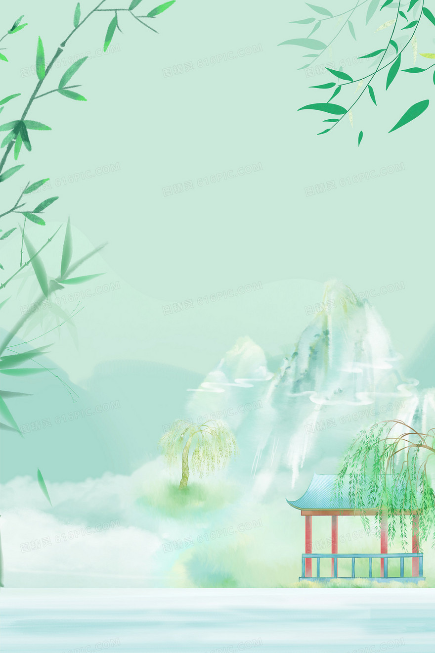 绿色中国风水墨山水初春背景