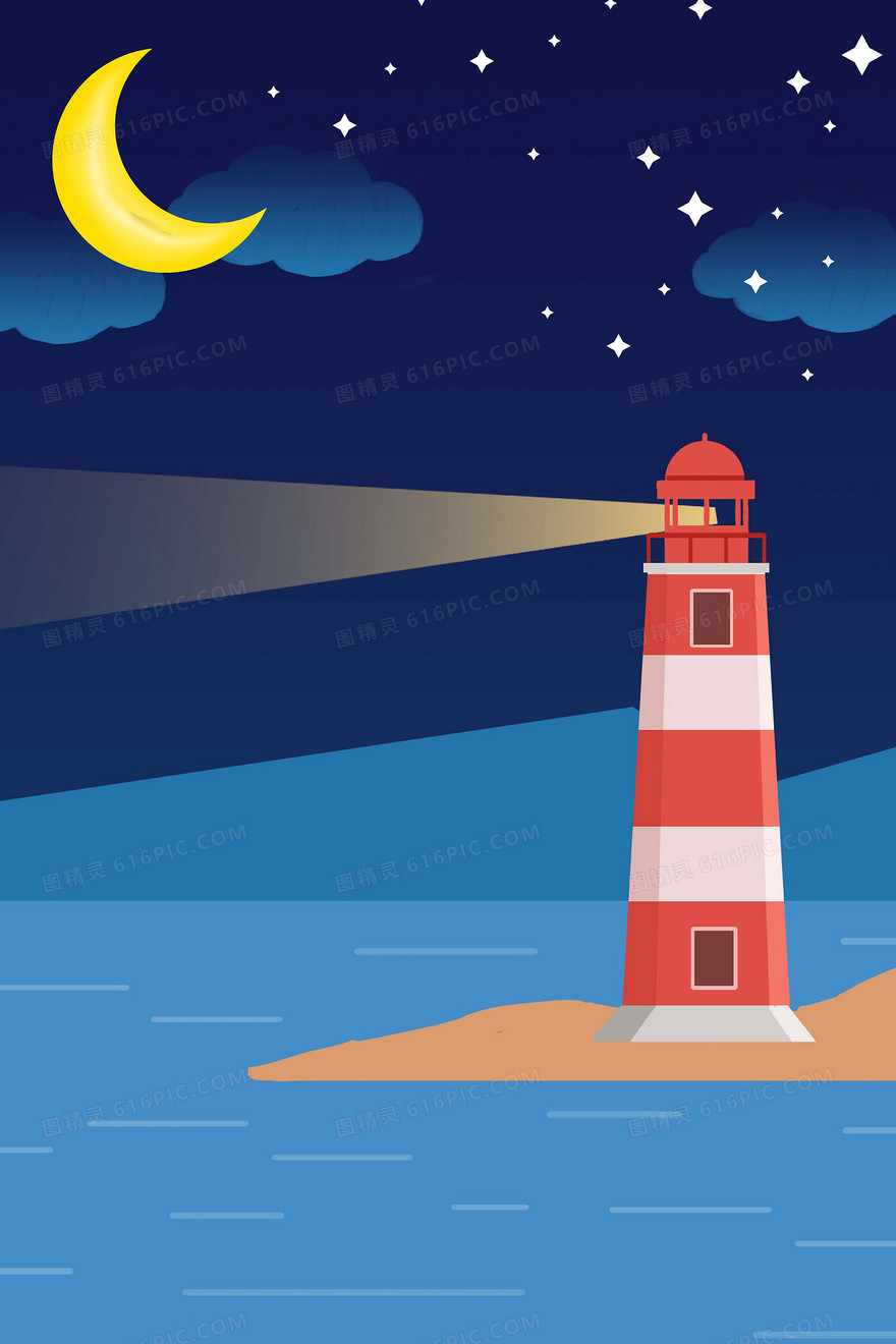 夜晚大海灯塔插画风背景