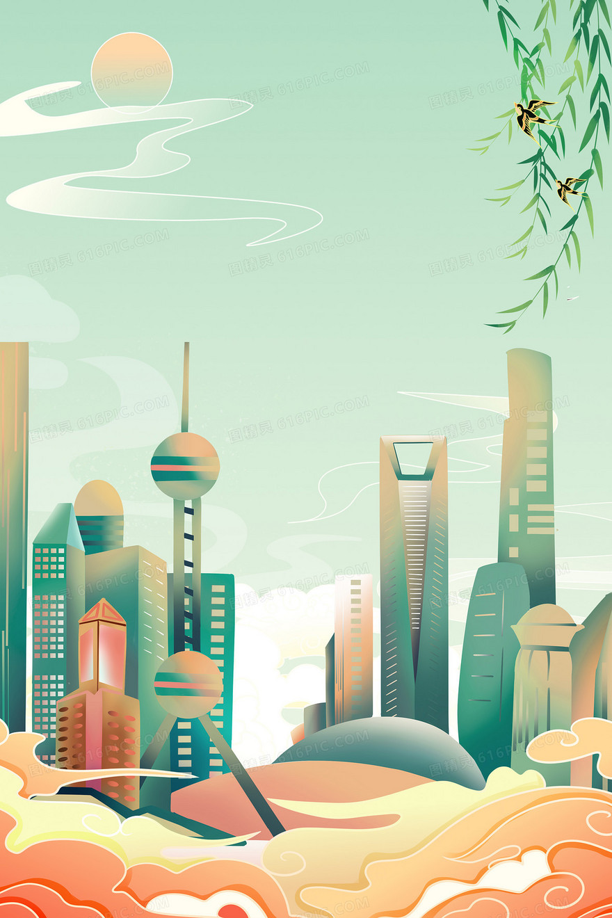 简约国潮上海城市地标背景图