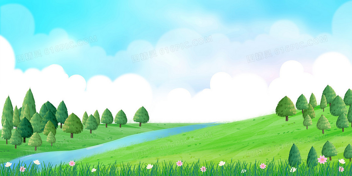 春天绿色草地树木春天风景手绘背景