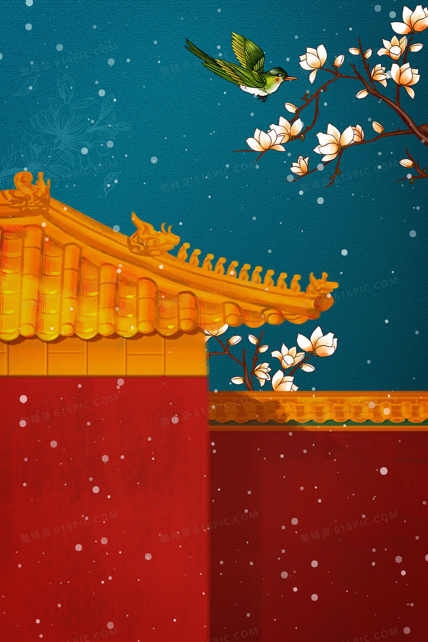创意红色中国风宫殿雪景背景