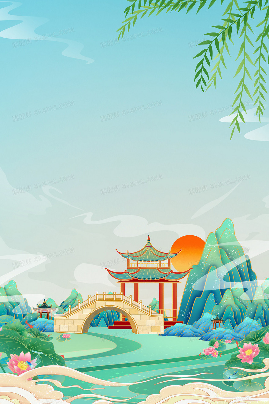大气质感国潮风山水亭子背景