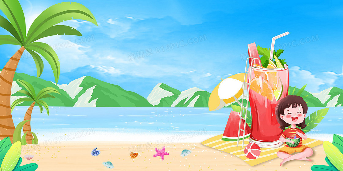 夏季节气炎热沙滩情侣西瓜冷饮夏至节气背景