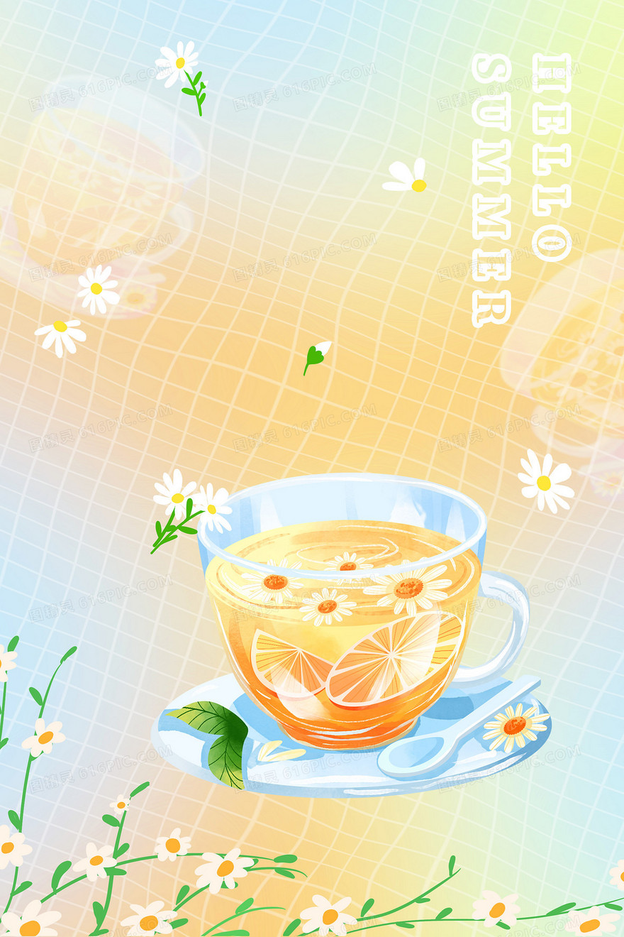 菊花柠檬茶饮品网格背景