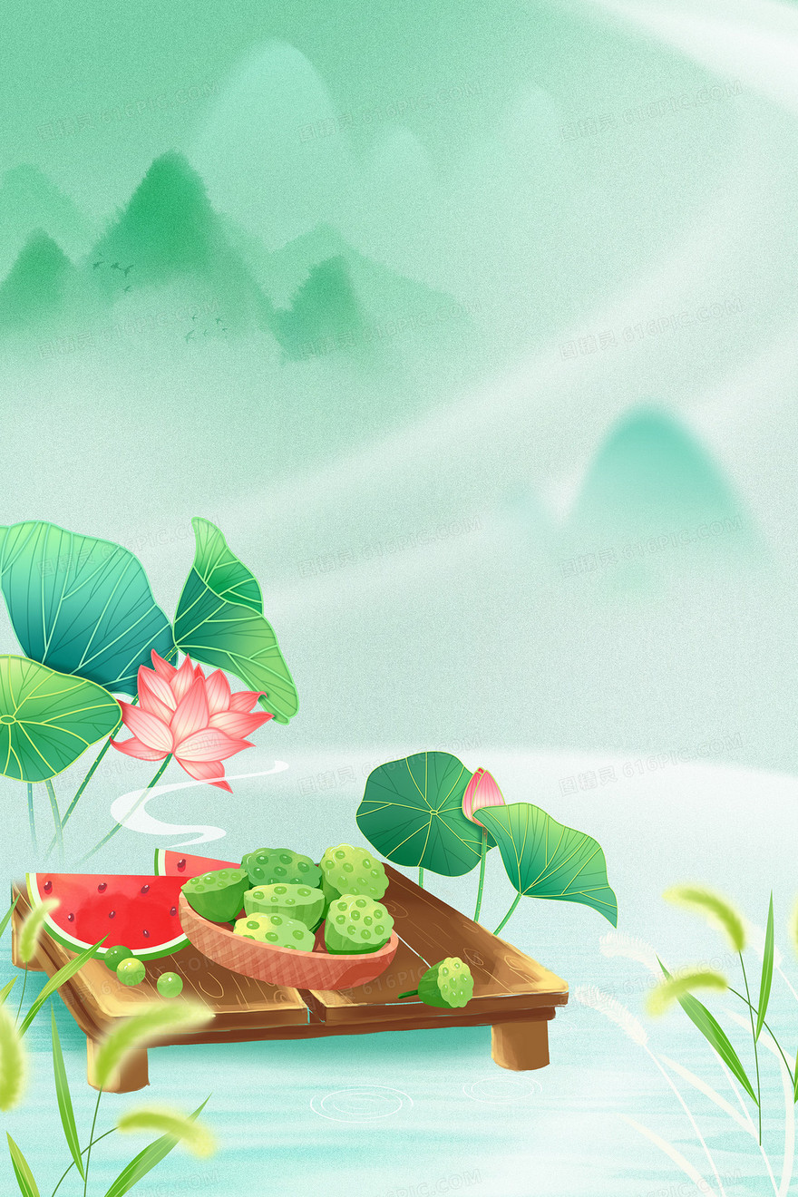 二十四节气之大满夏风莲藕西瓜竖版背景