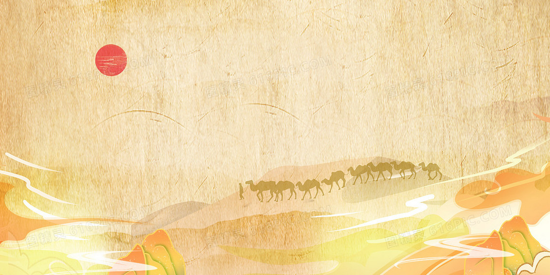 敦煌风格沙漠骆驼插画背景