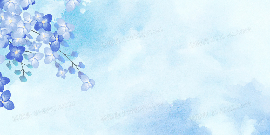 蓝色水粉中国风树枝花朵背景