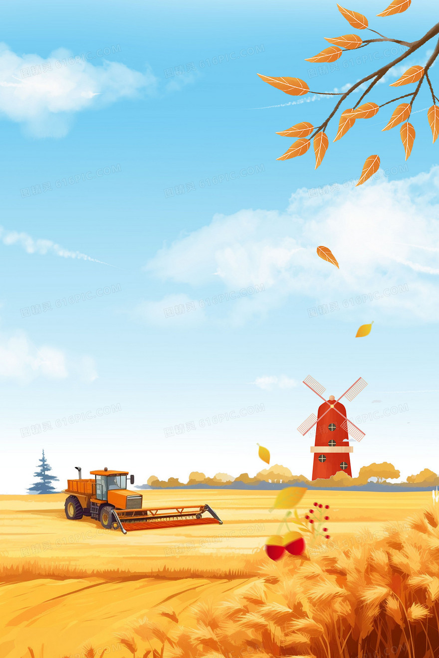 秋天黄色丰收麦田拖拉机合成背景