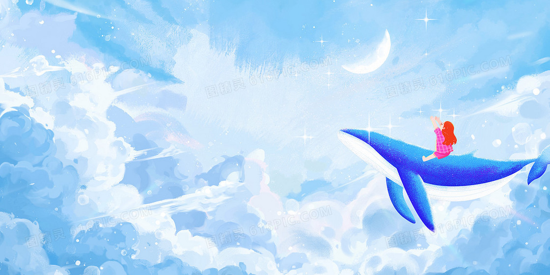 蓝色云层天空唯美鲸鱼背景