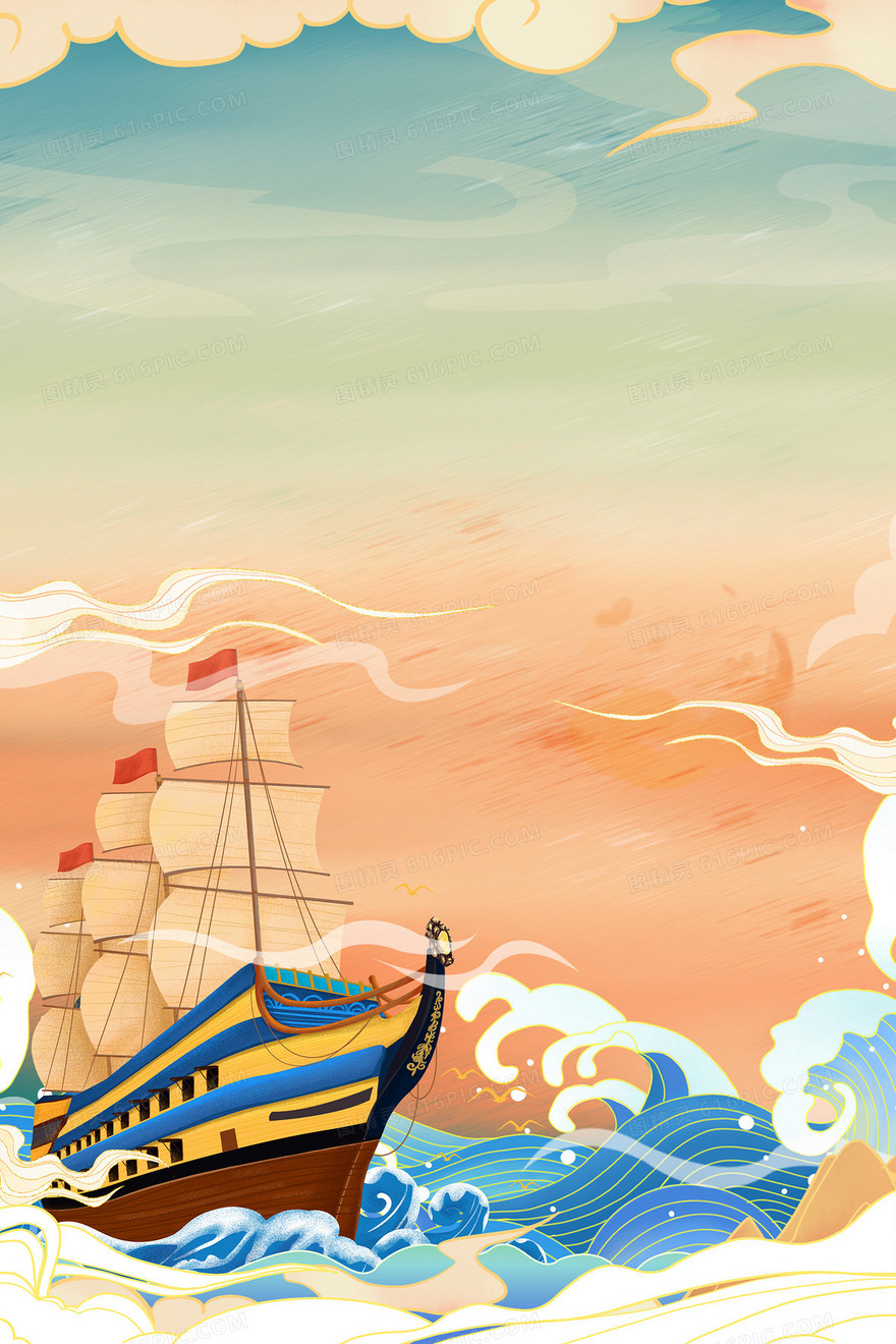 中国风国潮帆船一帆风顺海浪背景