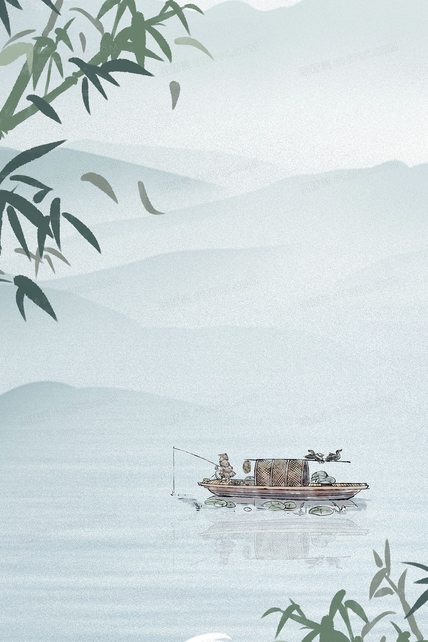山水中国风捕鱼渔船竹子古风背景