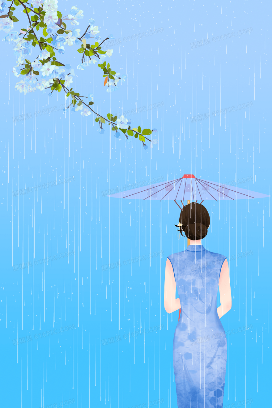 雨中漫步美女旗袍背景