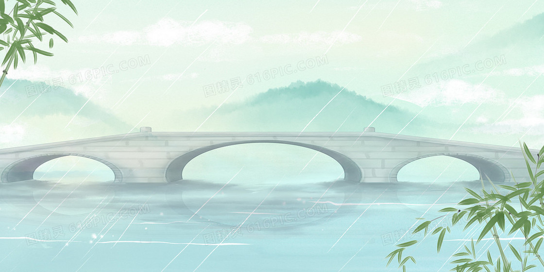 绿色山水石拱桥古风背景