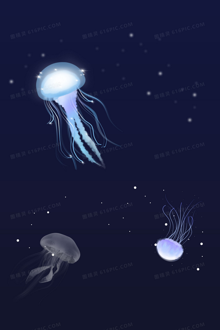 蓝黑渐变浪漫星空加发光水母合成背景