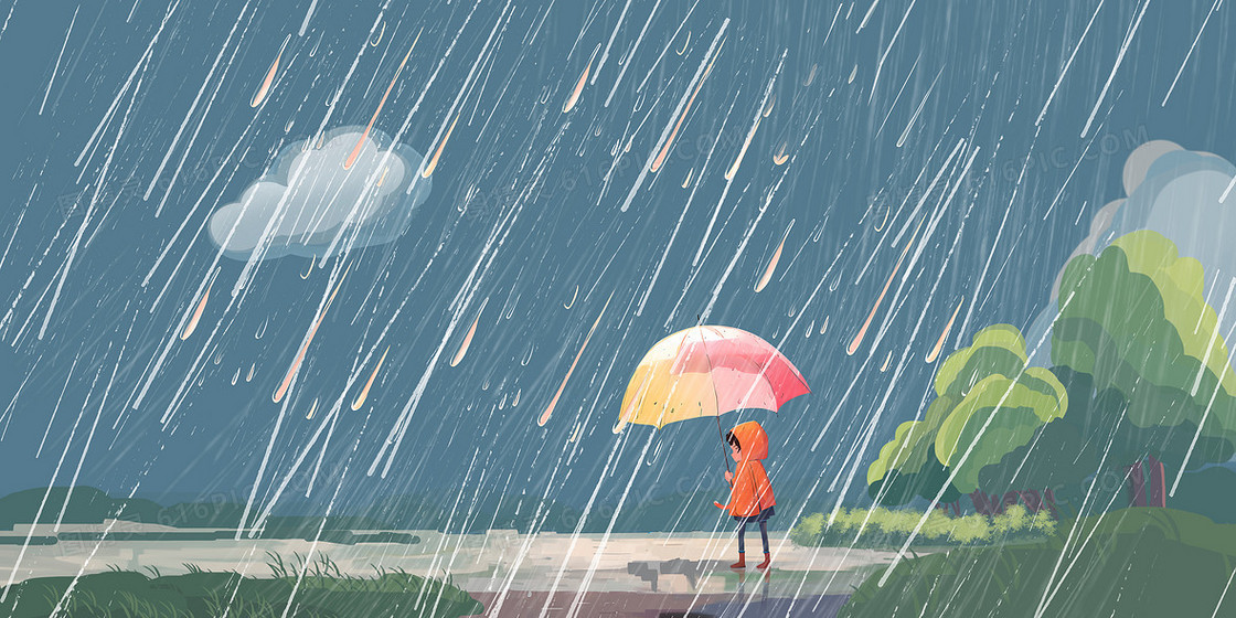 蓝色手绘插画风格下雨场景背景