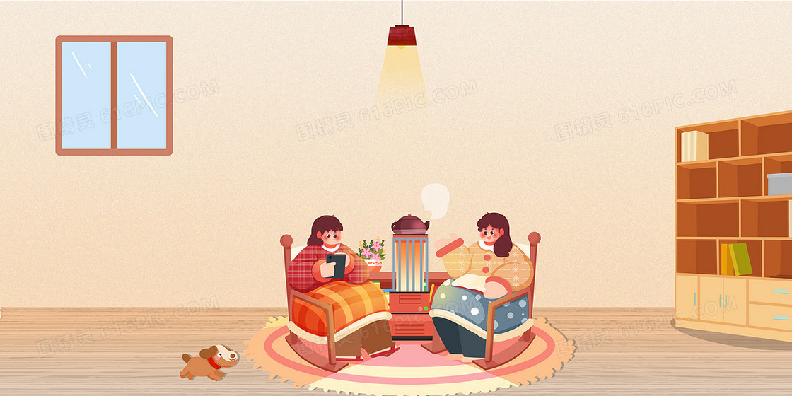 创意插画冬季防寒保暖取暖宅家合成背景