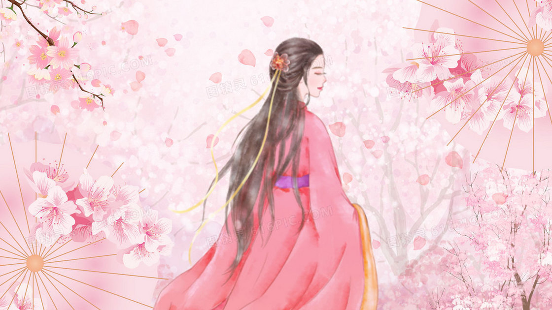 中国风粉色樱花汉服美女插画