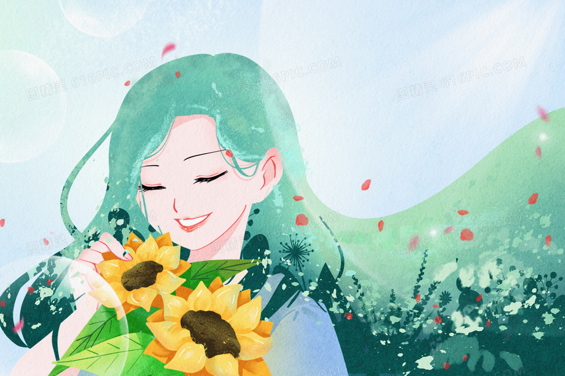 绿色长发唯美清新春天捧着向日葵的女孩合成插画