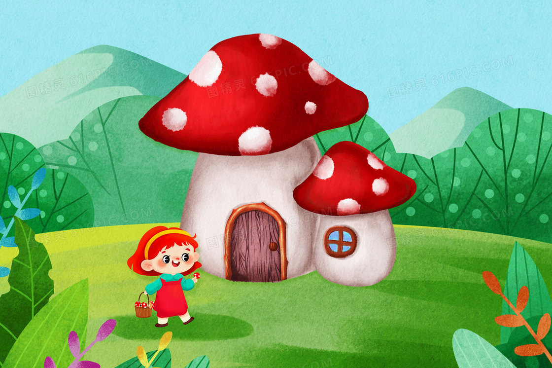 可爱卡通采蘑菇的小女孩和森林里的蘑菇屋创意插画