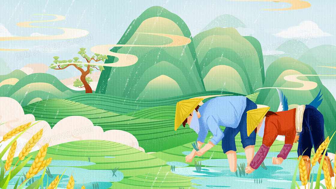 中国风国潮谷雨节气插秧耕地插画