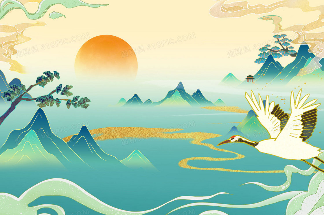 绿色国潮中式山水风景插画