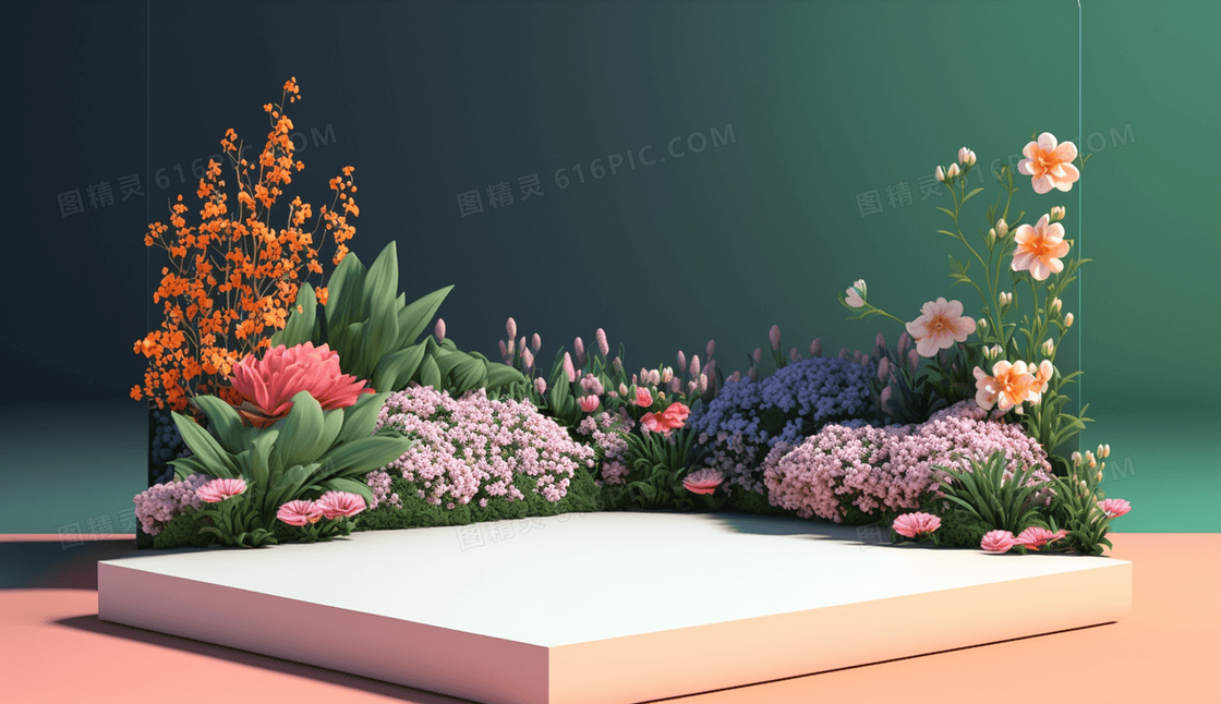 浪漫唯美花卉春天氛围产品台面展示模型插画
