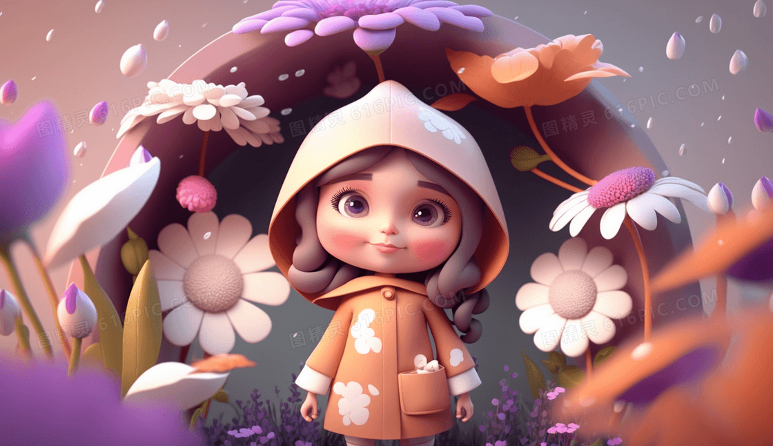 春天黏土风美丽花朵可爱俏皮女孩插画 