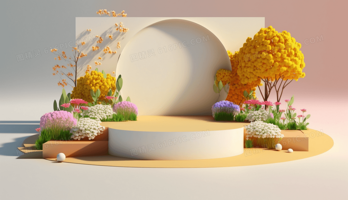 唯美花卉浪漫春天氛围台面展示模型插画