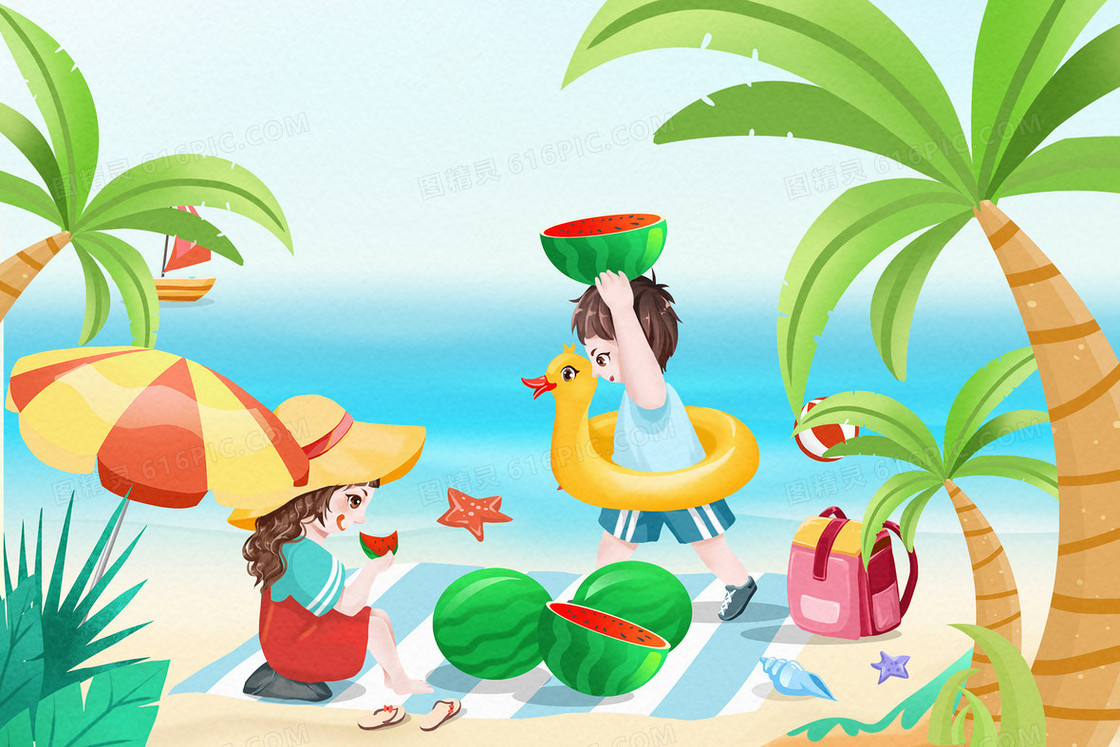 小朋友夏季海边沙滩度假吃西瓜插画