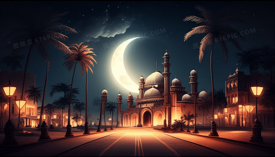 清斋寺夜晚建筑夜景插画