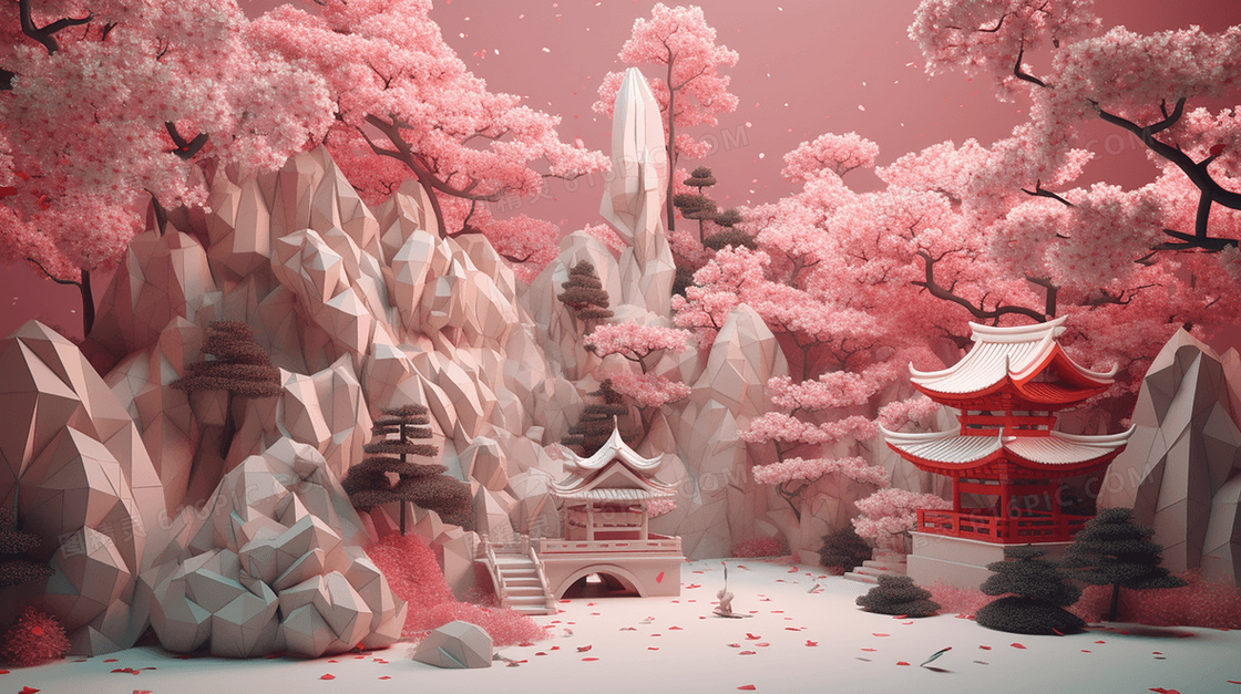 粉色中国风唯美折纸效果伪3D中式景观插图