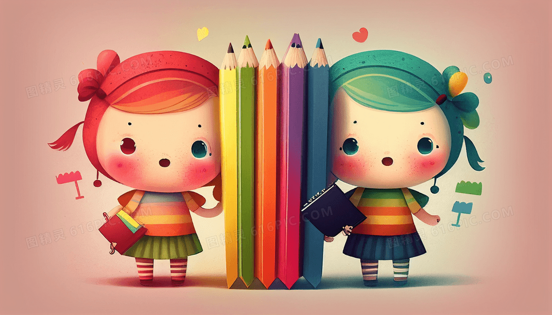 可爱的小朋友拿着文具站在彩色铅笔旁边创意儿童插画