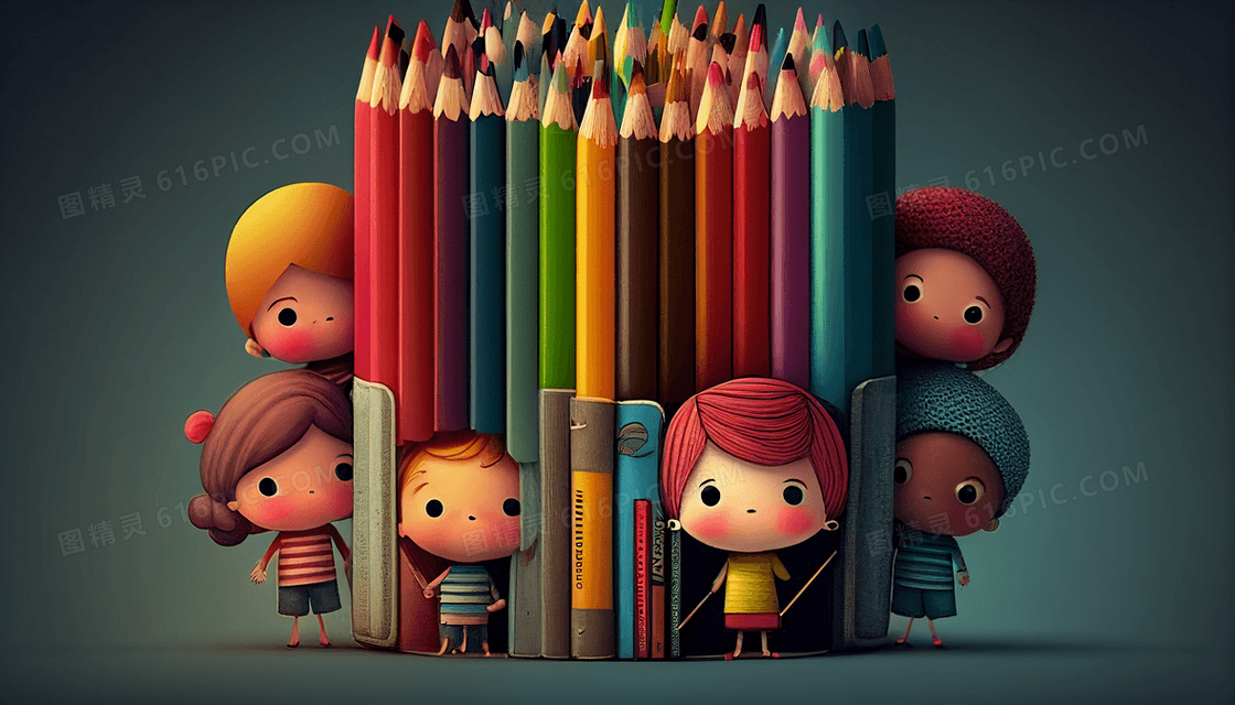 可爱儿童拿着文具站在彩色铅笔旁边创意儿童插画