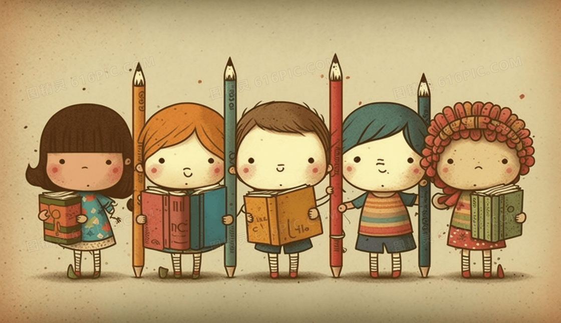 可爱小朋友拿着文具站在彩色铅笔旁边创意儿童插画