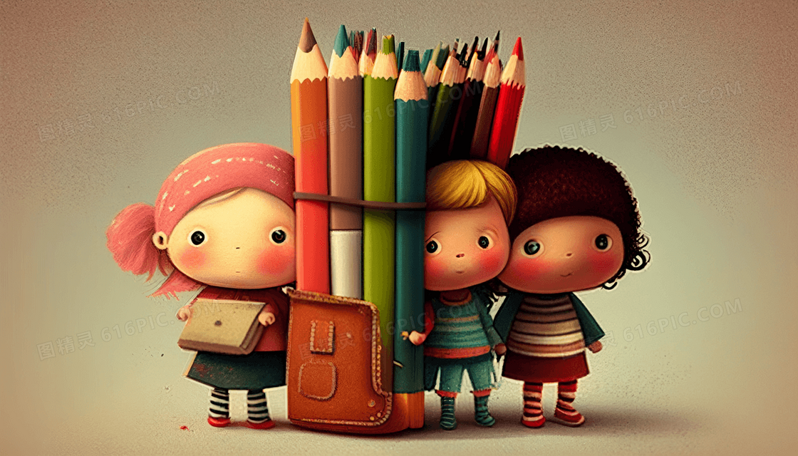可爱小孩拿着文具站在彩色铅笔旁边创意儿童插画