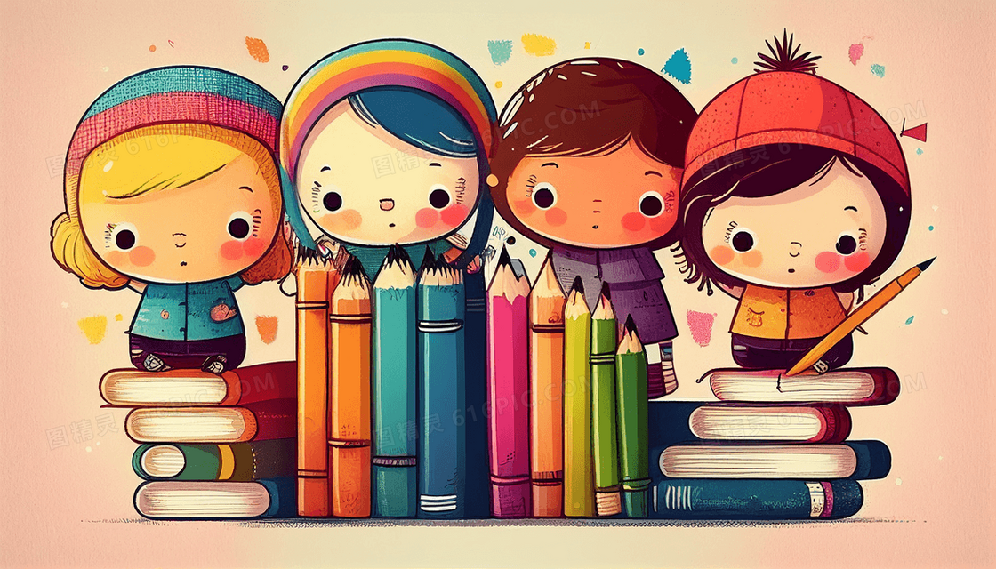 可爱儿童拿着文具站在彩色铅笔旁边创意插画