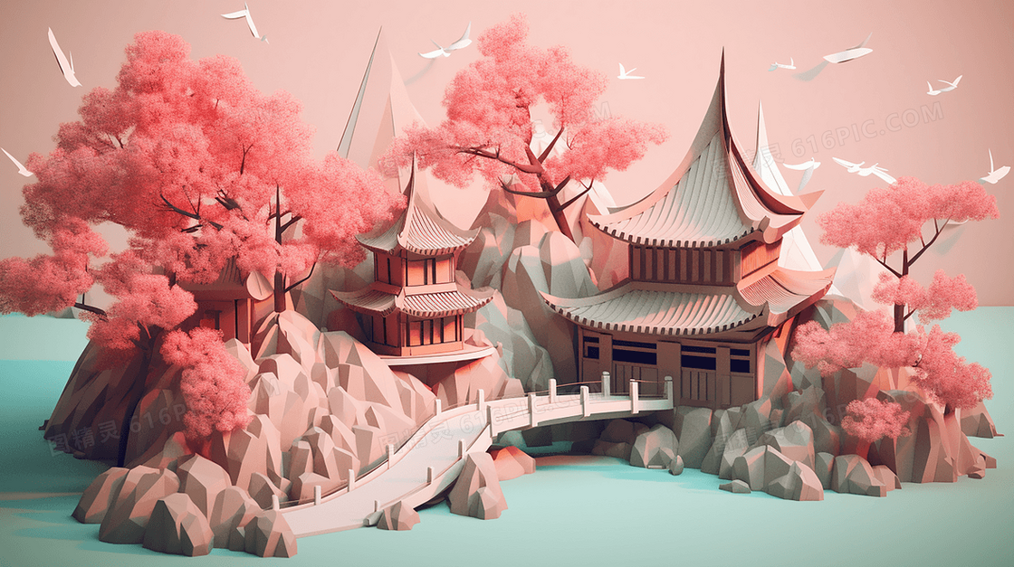 粉色唯美折纸效果伪3D中式景观插图