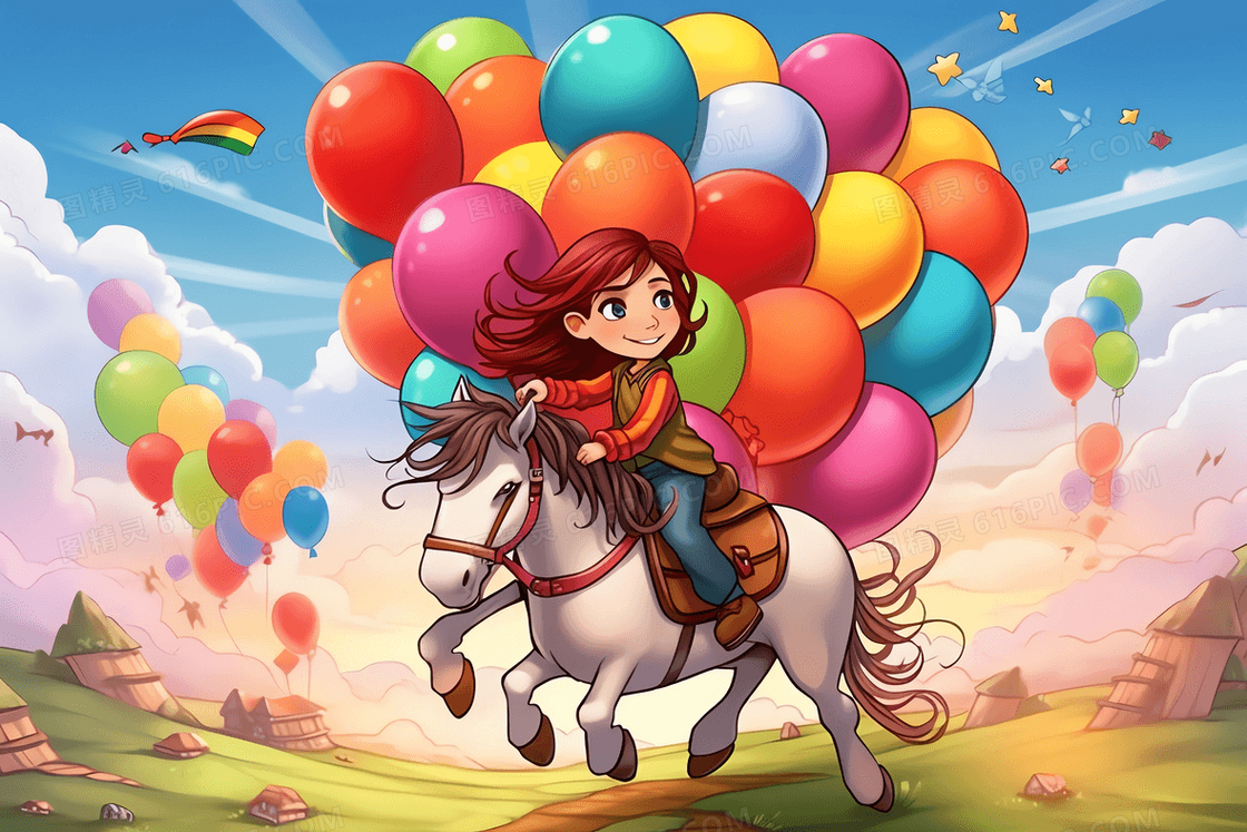 白云女孩坐在马上开心的游玩彩色气球唯美创意儿童插画