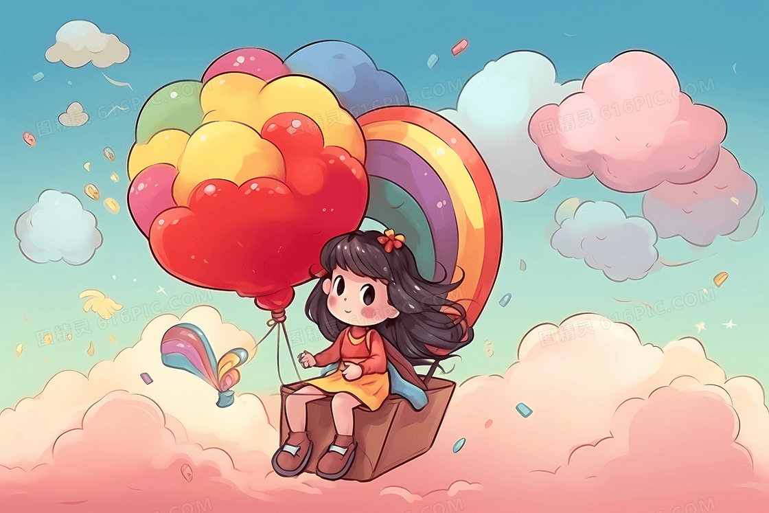 彩色气球唯美白云可爱女孩坐在马上开心的游玩创意儿童插画