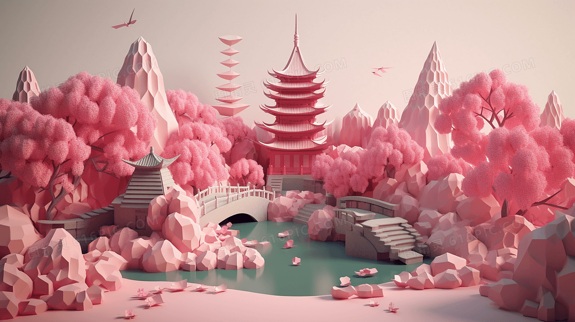 唯美风粉色折纸效果伪3D中式景观插图