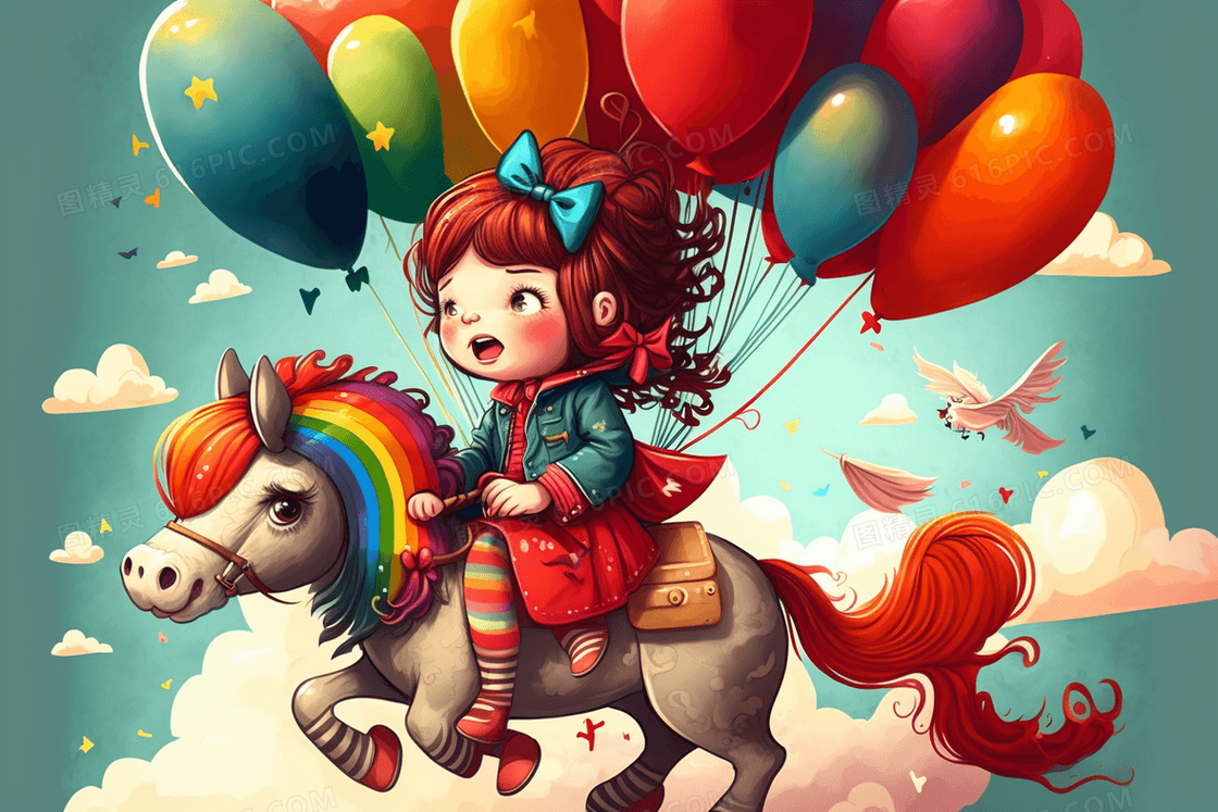 彩色气球女孩坐在马上开心的游玩创意儿童插画