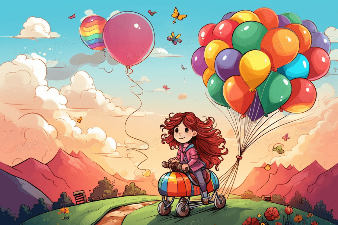 唯美白云彩色气球女孩坐在马上开心的游玩创意儿童插画