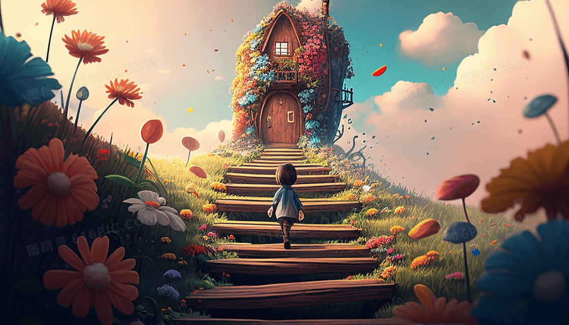 梦幻唯美风田野花丛男孩走在通向树屋的阶梯创意插画