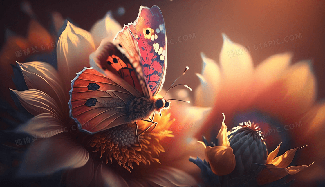 梦幻晨光唯美蝴蝶在花朵上嬉戏创意插画