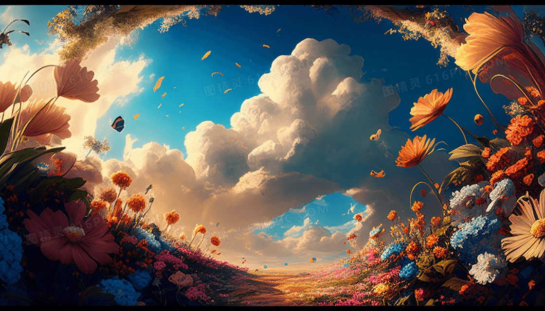 超广角蓝天白云彩色花朵在道路两侧蔓延插画