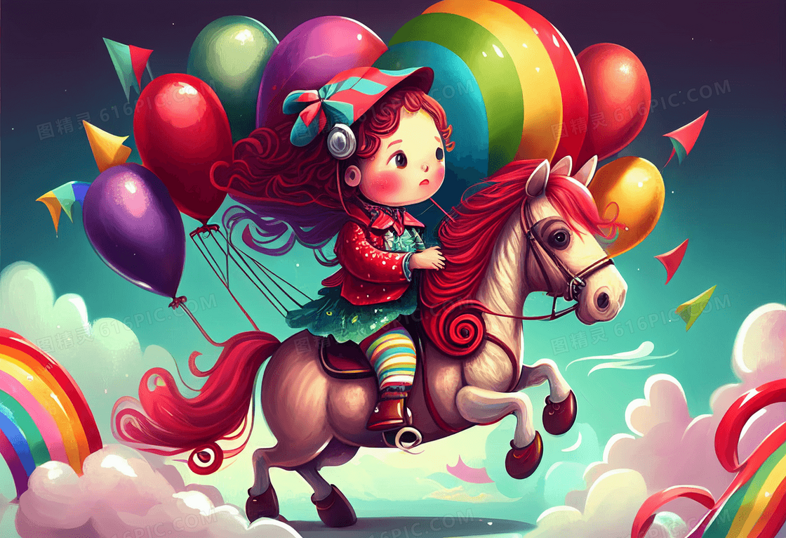 彩色气球唯美白云女孩开心的游玩创意儿童插画