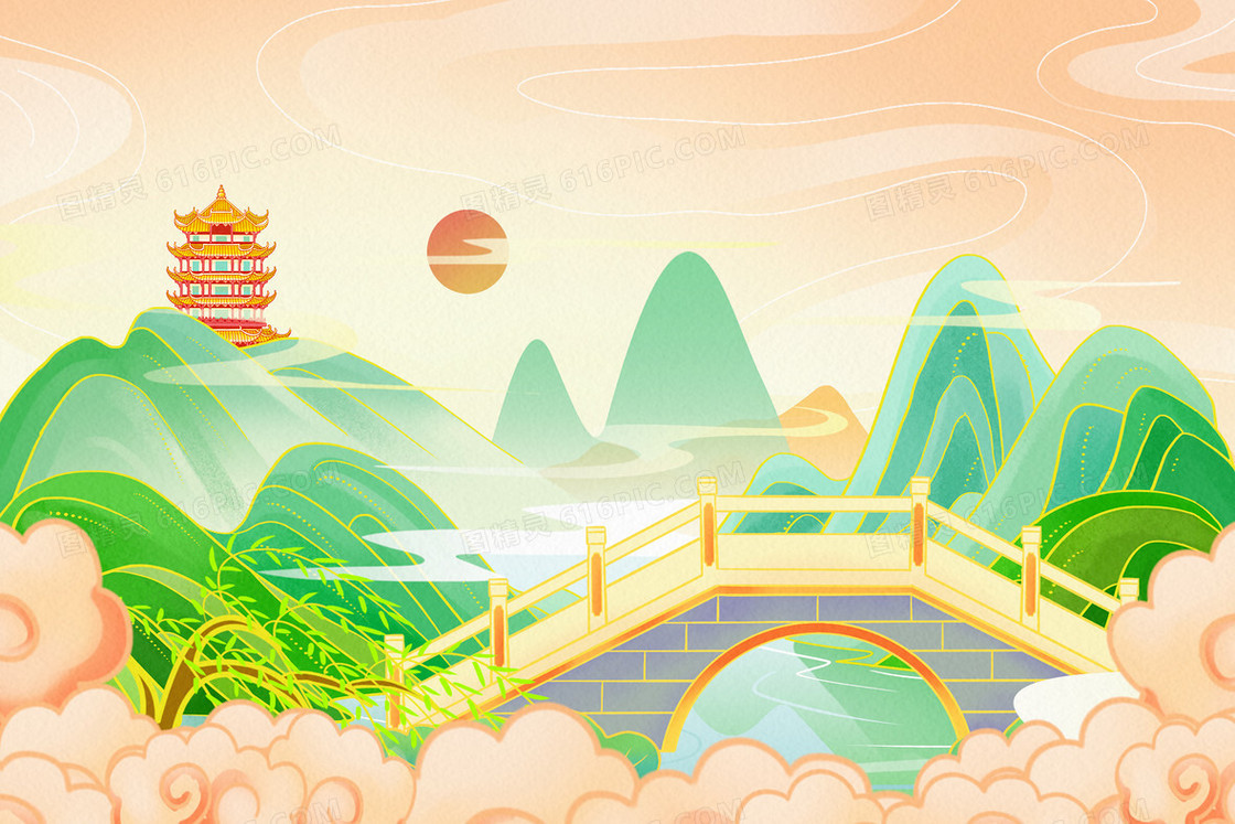 国潮山水中国风建筑拱桥插画