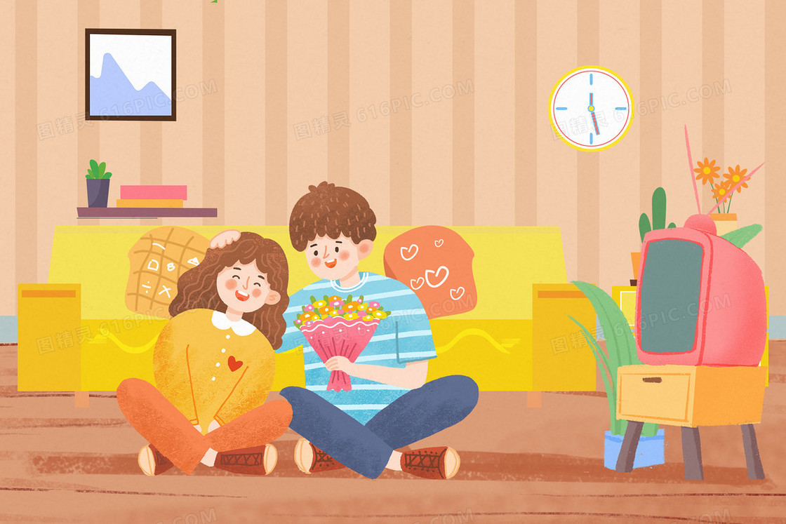 520情侣在家看电视温馨插画