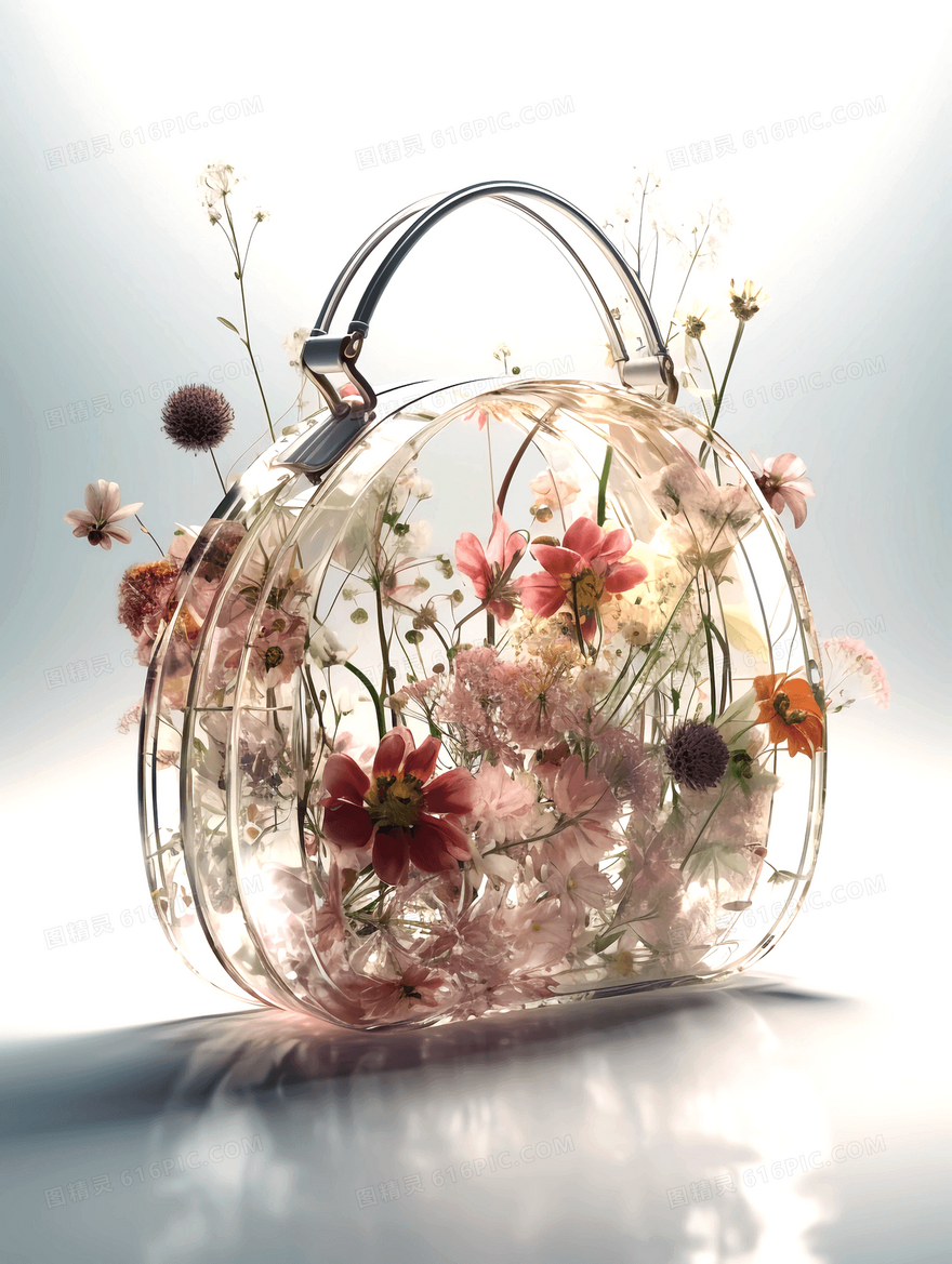 唯美清新的鲜花从透明的手提包中向外