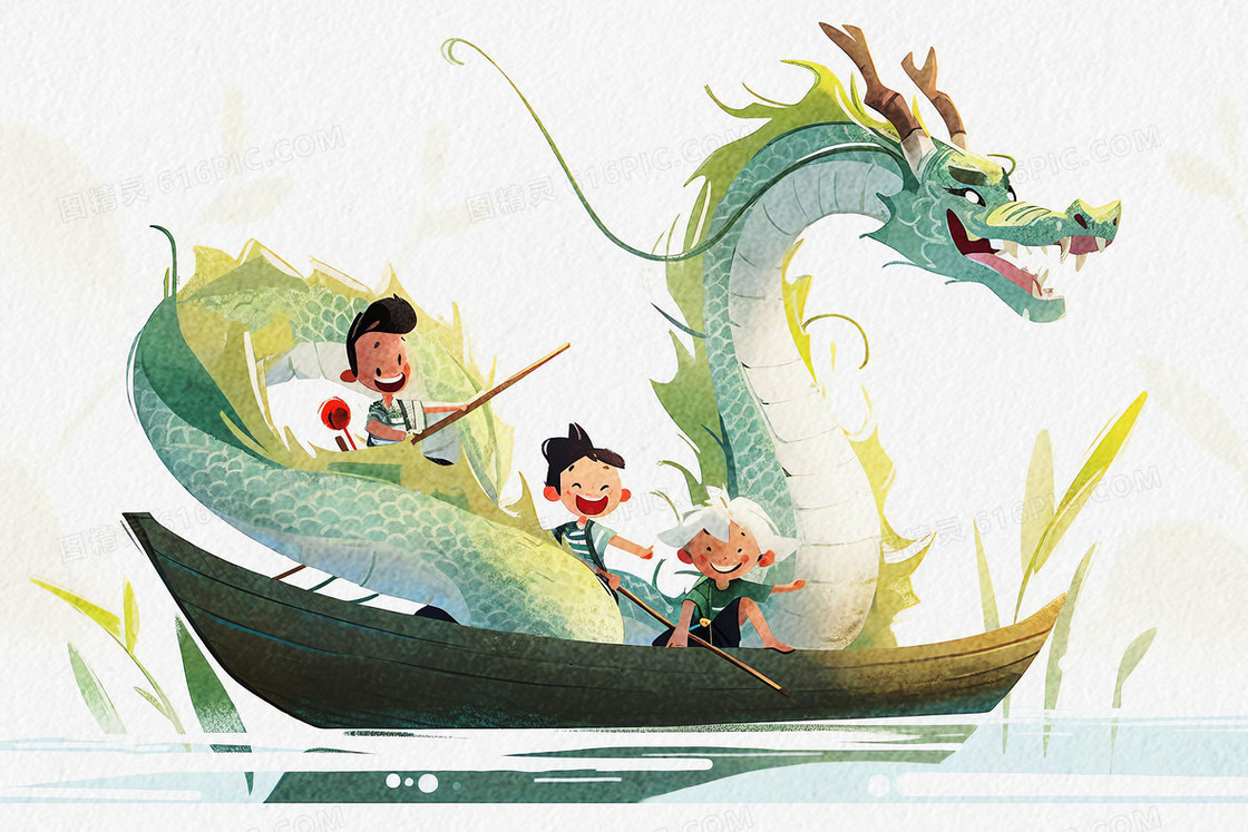 三个可爱的男孩开心的和巨龙一起划船游湖过端午节